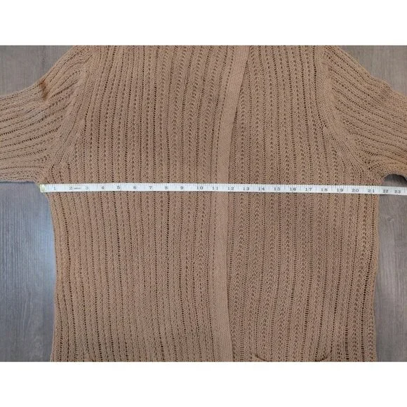 J. Jill Cotton Linen Open Front Cardigan Lg Tan Loose Knit Long Sleeves Pockets - Picture 9 of 10
